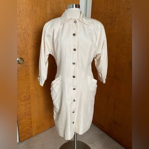 Vintage Silk Cream Button Midi Dress with Shoulder Pads Medium M